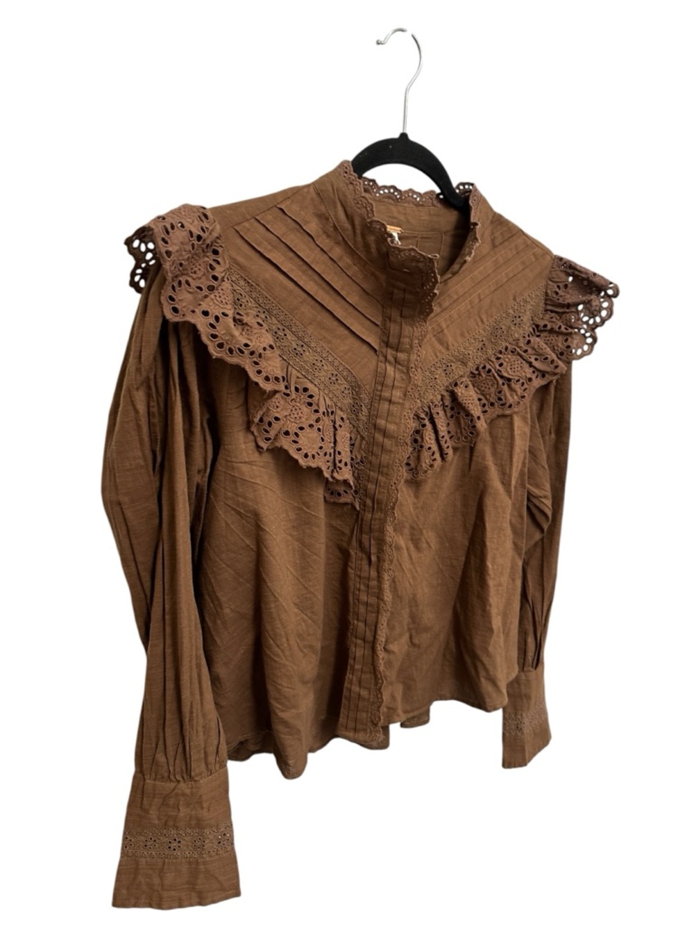 Free People Hit The Road button down blouse in Coffee Date eyelet ruffle yoke - Picture 9 of 14